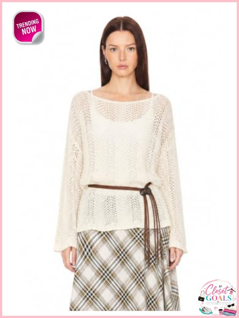 Crochet Knit Hollow Out Long Sleeve Sweater Pullover with Belt